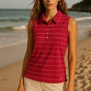 Nike Golf Dri-Fit Medium Sleeveless Polo Shirt Pink Striped Activewear Top